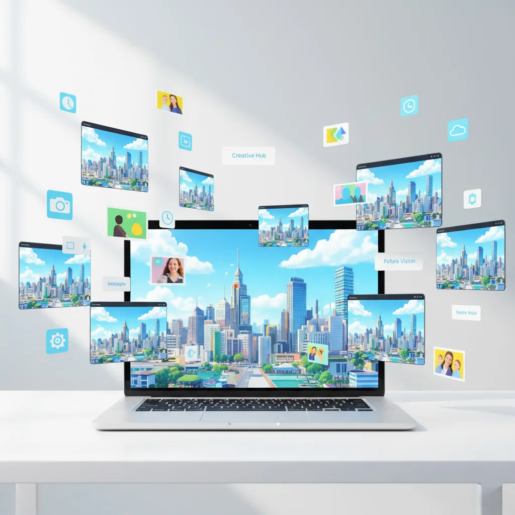 laptop showing  a city landscape. flying into the iamge we see components of that landscape visual as if they were flying to fit into the landscape. 