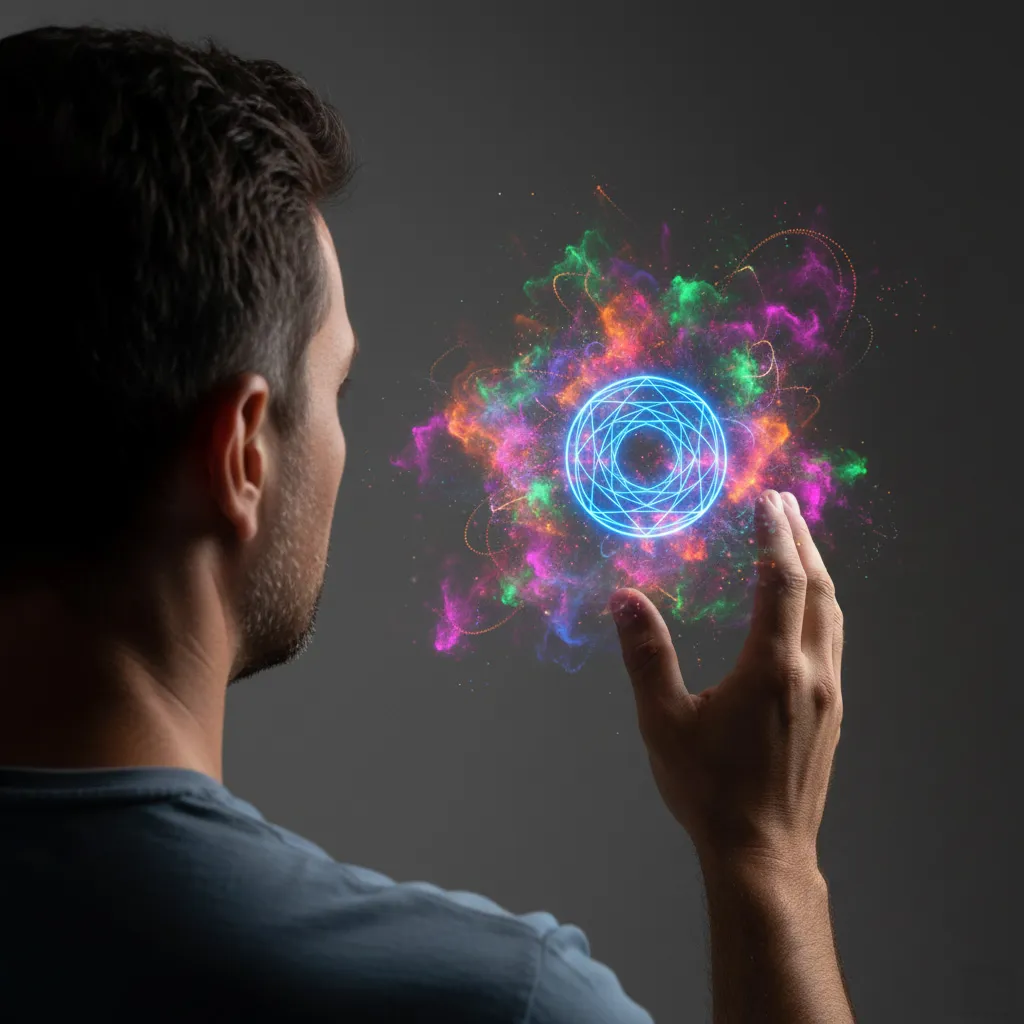 a business leader about to interact with a floating digital object sorrounded by waves of color emanating from the object