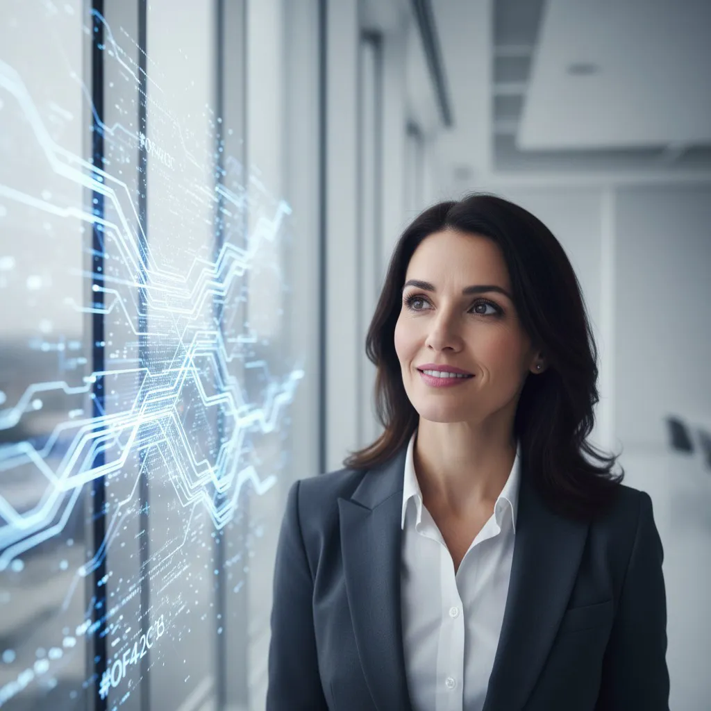 a business leader looking through a window, on top of the window, growing, a digital path.