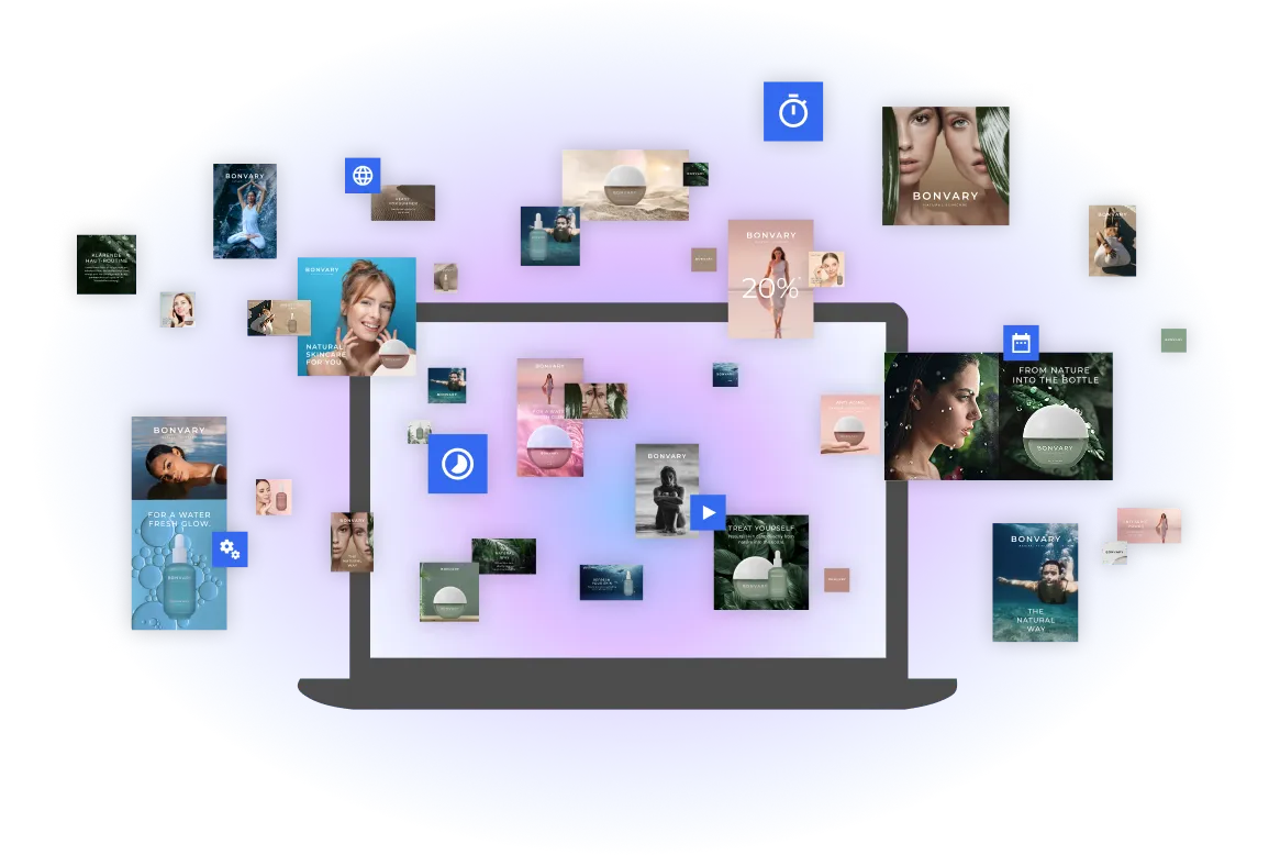 an illustration of a laptop sorrounded by content belonging to the same brand. We recognize brand consistency. also flyering around icons representing a fast time to market(time, calendar, play, star, etc).