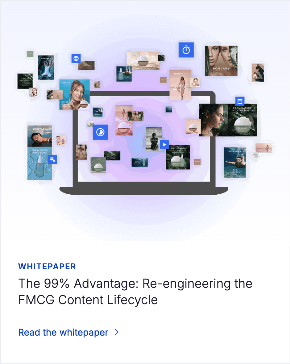 It is a link to a white paper called "The 99% Advantage: Reengineering the FMCG Content Supply Chain." It's a link to read the white paper. On top of it, you get an illustration. Illustration of a laptop with multiple floating images and icons around it, depicting digital content related to beauty and skincare products, highlighting the concept of re-engineering the FMCG content lifecycle. 