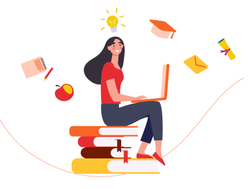 Woman sitting on a stack of books using a laptop with a light bulb above her head and educational icons floating around.