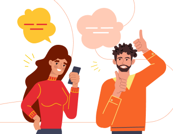 Illustration of a woman smiling and holding a phone with a speech bubble, and a man giving a thumbs up with a speech bubble above.