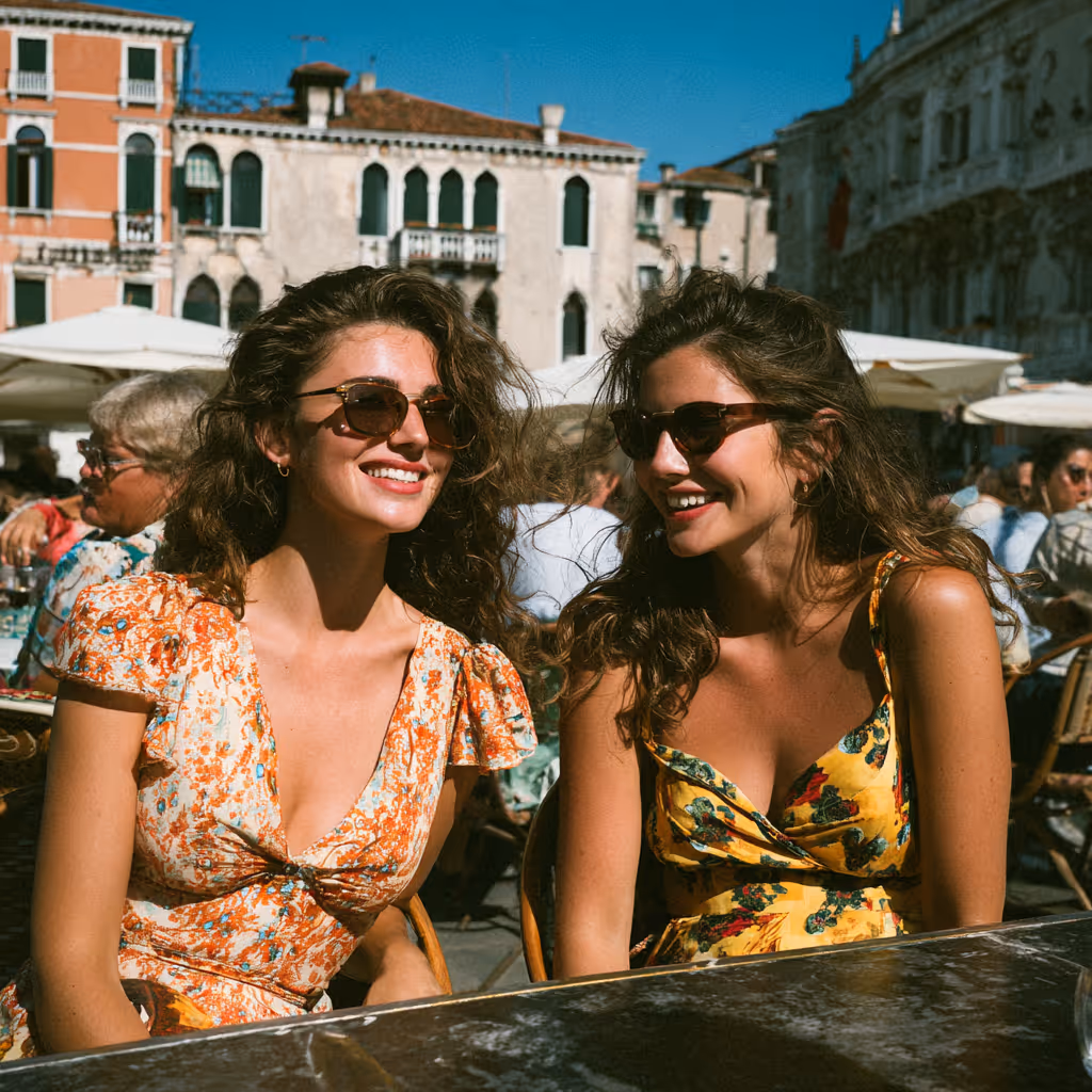 Two smiling women wearing sunglasses and floral dresses sitting at an outdoor cafe with historic buildings in the background.