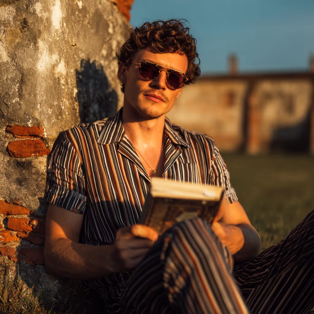 Man wearing striped shirt and pants with sunglasses reading a book while leaning against a stone wall in warm sunlight.