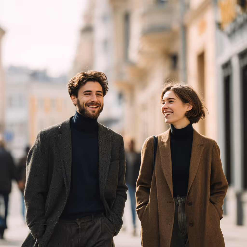 A man and woman in sunglasses smiling at each other while seated at a round table outdoors in a European city square with historic buildings and a church in the background.