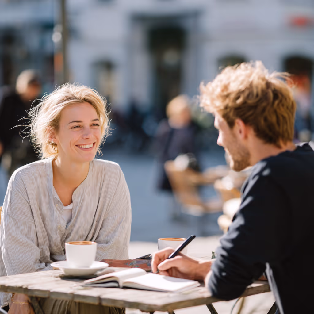 Four friends wearing sunglasses smiling and standing together in a European city square with historic buildings in the background.