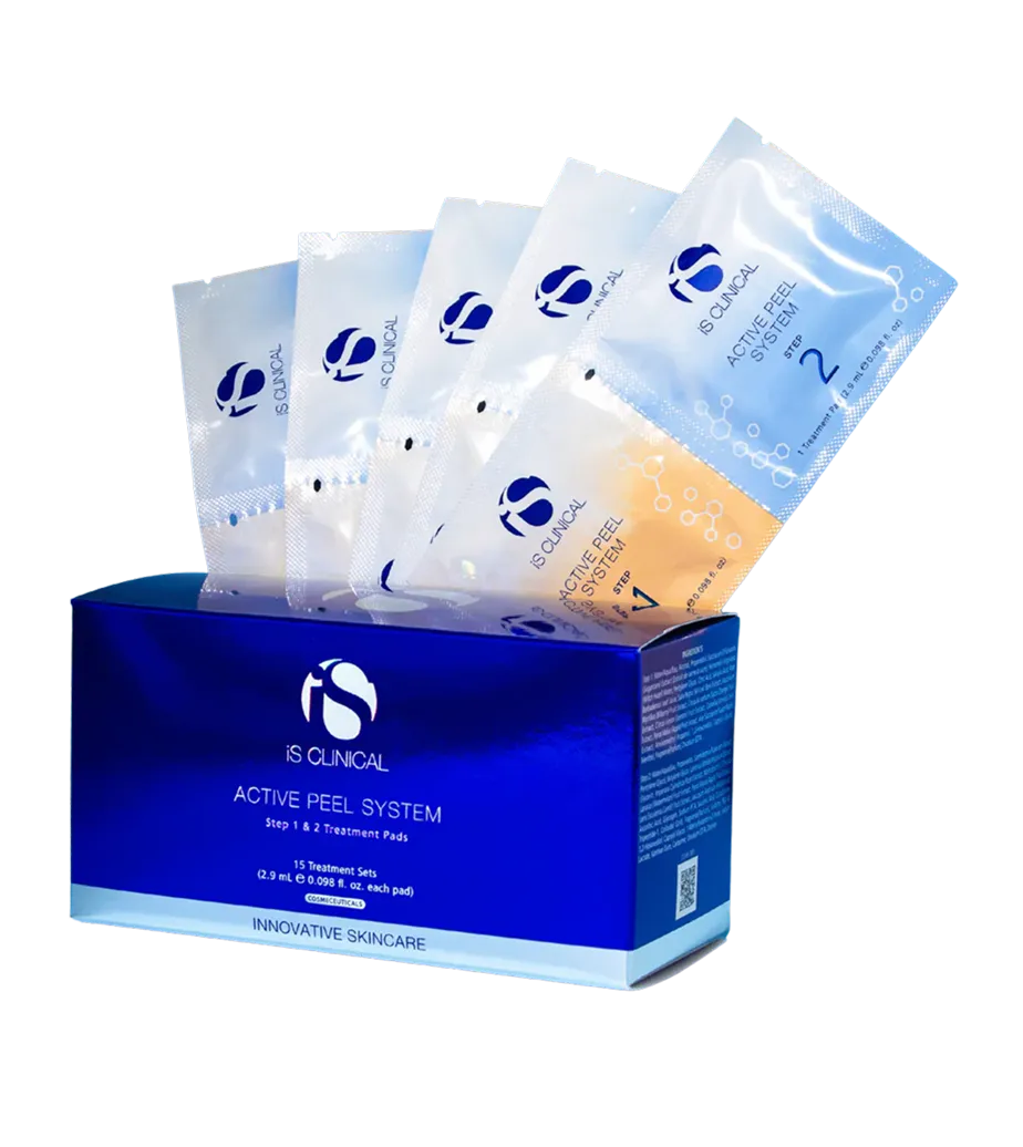 Blaues iS Clinical Active Peel System Verpackungsbox mit mehreren Behandlungspads in einzelnen Folien, Schritt 1 und 2.