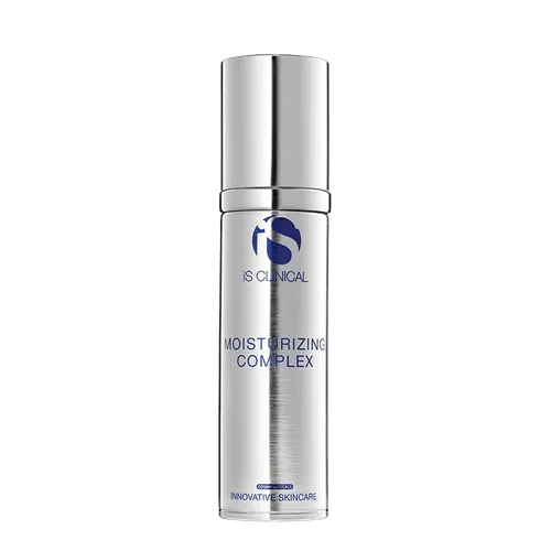 Silberfarbener Spender mit iS Clinical Moisturizing Complex Gesichtsfeuchtigkeitscreme.