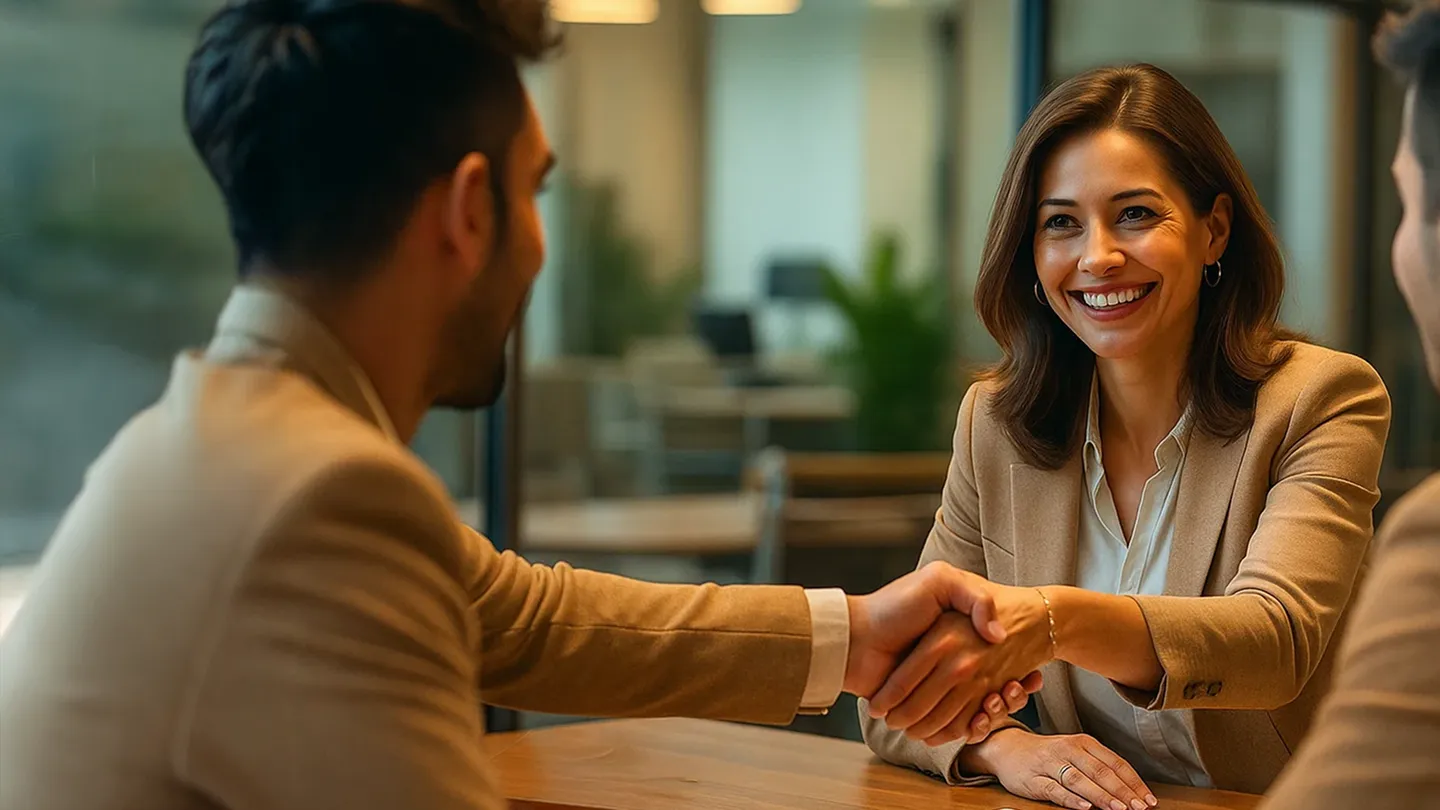 A man and woman shaking hands in a meeting