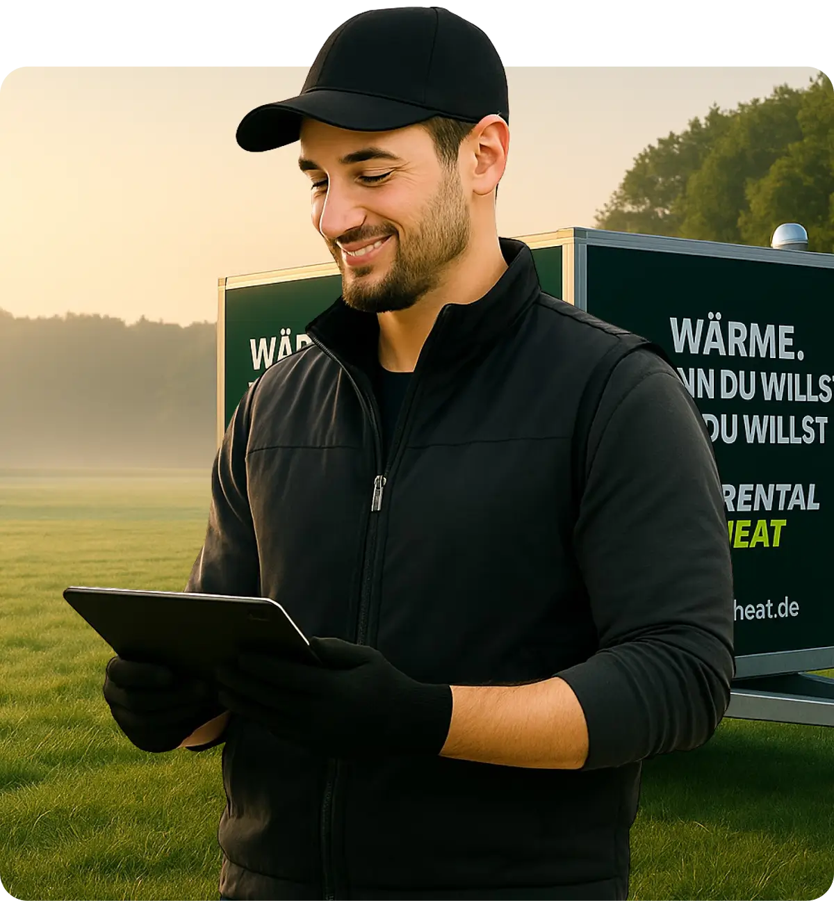 Techniker überprüft mobile Heizung per Fernwartung