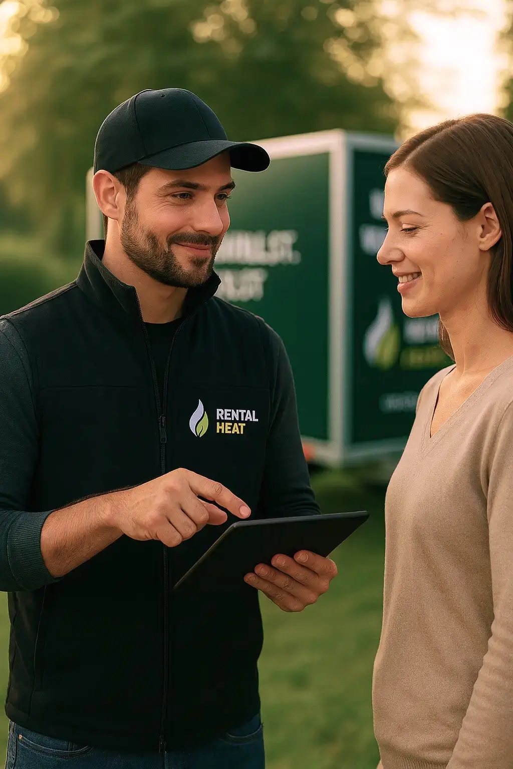 Rental Heat Techniker berät Kundin vor Ort zur mobilen Heizung