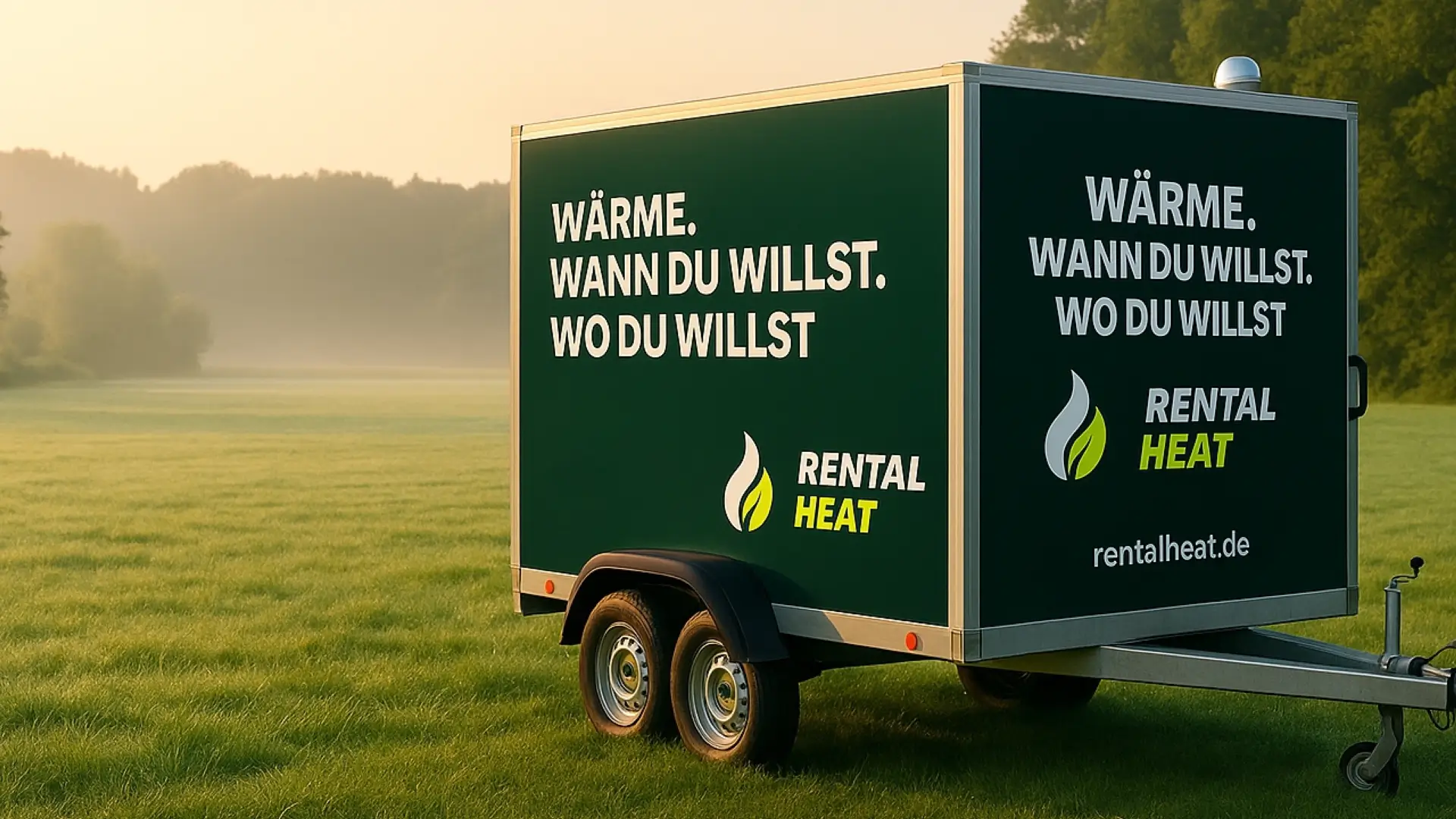 Mobile Pelletheizung von Rental Heat steht auf einer Wiese in der Morgendämmerung