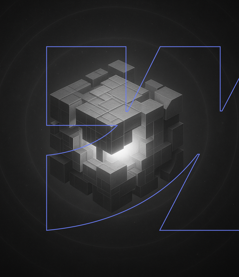 Glowing complex geometric cube composed of smaller interconnected metallic blocks against a dark background with faint circular patterns.