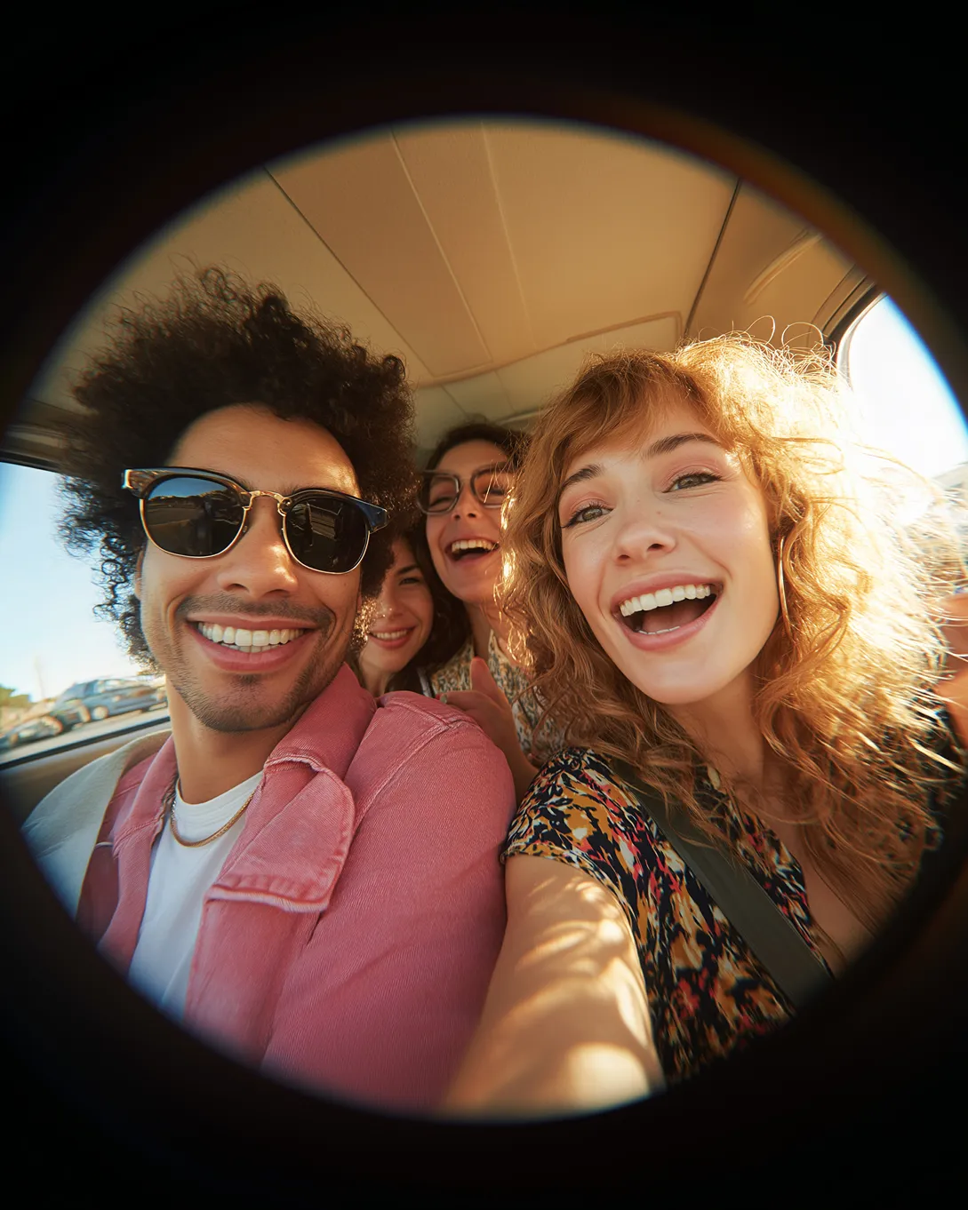 Imagen "selfie" de 4 personas en un auto