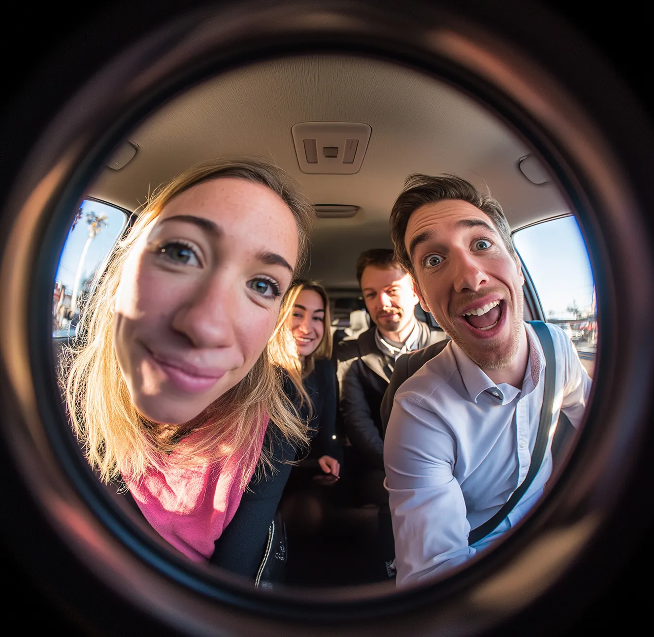 Foto selfie de cuatros personas en un coche
