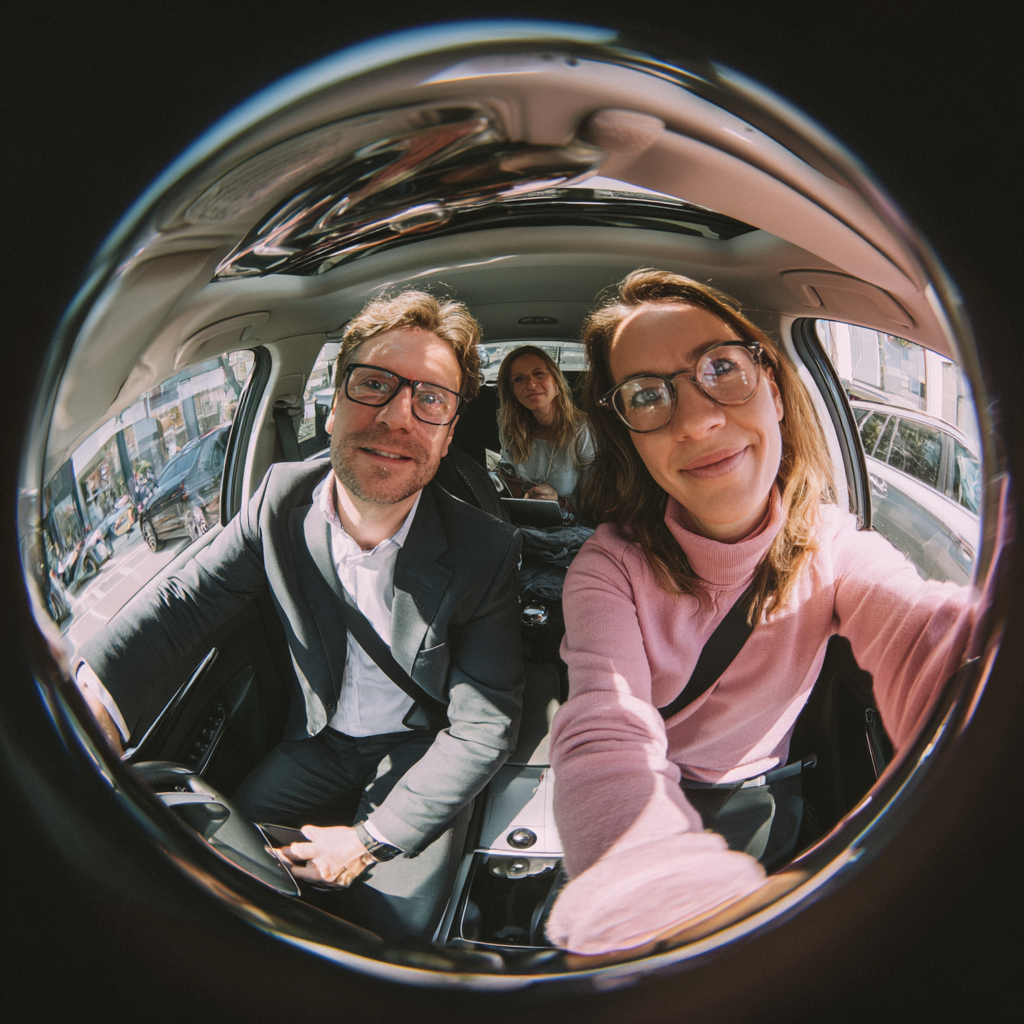 Foto selfie de tres personas en un coche