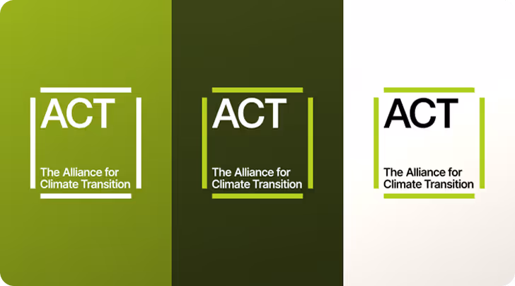 three examples of new ACT logo with different shades of dark green and white