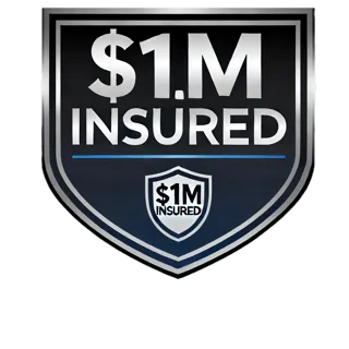 Shield emblem displaying '$1M Insured' in metallic silver text with a smaller shield icon repeating the phrase.