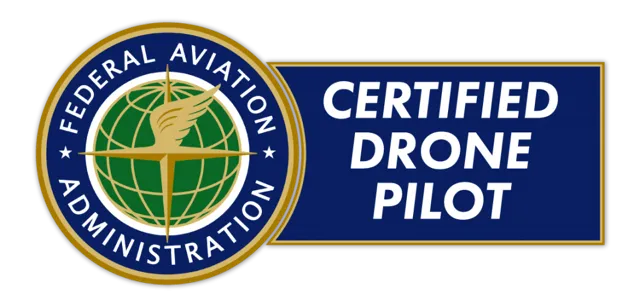 Federal Aviation Administration logo next to a blue rectangle with text 'CERTIFIED DRONE PILOT'.