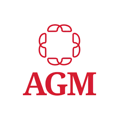 Red AGM logo with a stylized circular design above the letters AGM.
