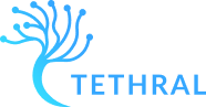 The Tethral logo is a curved tree like shape with a pointed end trunk and 9 branches each that in a small ball to represent connection points. This version of the logo is an ocean blue color that is darker on the top than the bottom.