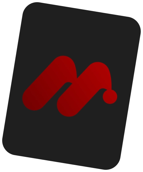 Red stylized letter M logo with a dot on the right side, set against a dark background.