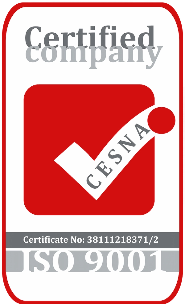 Certification badge showing CESNA certified company with Certificate No: 38111218371/2 under ISO 9001 standard.