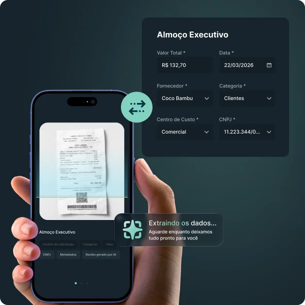 Scan Mode Payfy lendo comprovante fiscal com IA e preenchendo despesa automaticamente