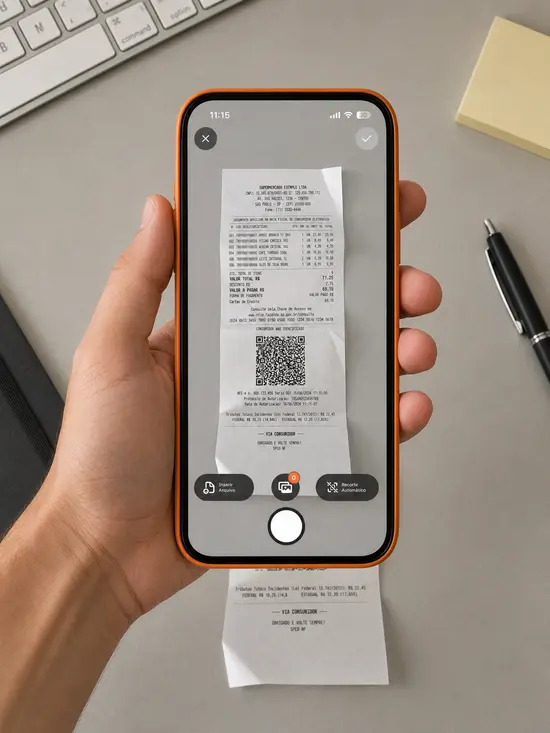 Colaborador fotografando um comprovante com o app da payfy