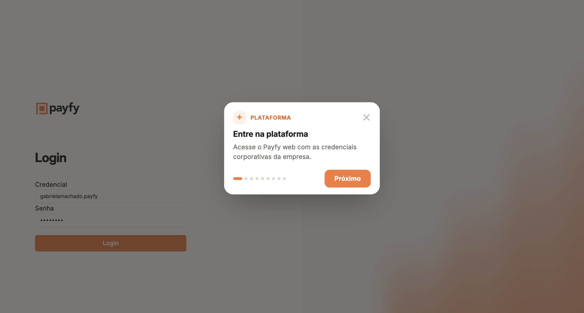 Login da payfy no tour guiado