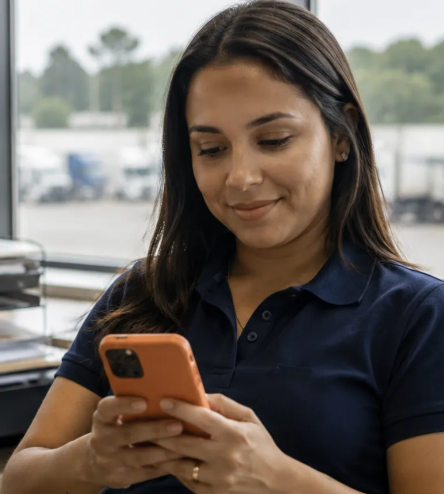 Líder financeira respondendo a pesquisa pelo celular