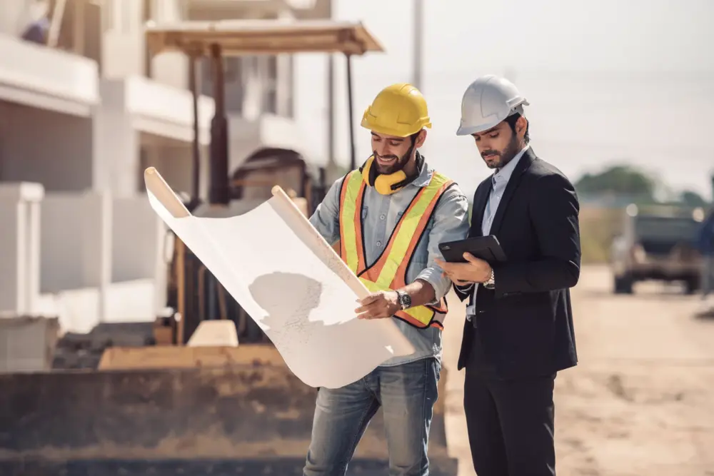 Engenheiro e gestor conferindo o projeto no canteiro de obras