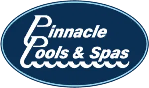 Pinnacle Pools & Spas logo with stylized text and wave design inside a dark blue oval.