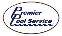 Premier Pool Service logo with navy blue text inside an oval border featuring a wave design.