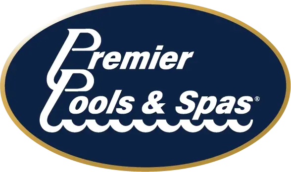 Premier Pools & Spas logo in white text on a dark blue oval with a gold border.
