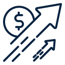 Two ascending arrows with a dollar sign coin symbolizing financial growth or increase.