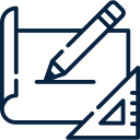 Icon showing a pencil drawing on a blueprint with a ruler and measurement tools.