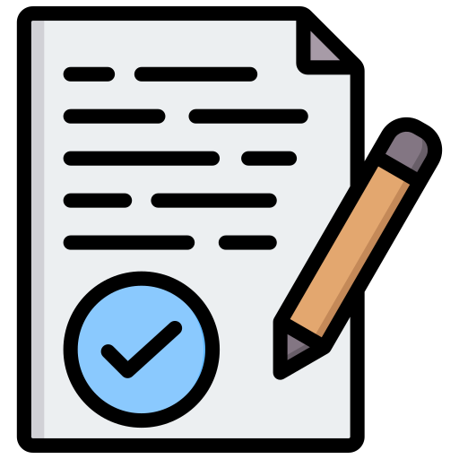 Document with lines representing text, a blue checkmark circle, and a pencil.