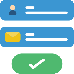 User icon and email icon fields on blue backgrounds with a green button showing a white checkmark.