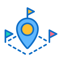 Blue map pin with three surrounding triangular flags connected by a dashed line.