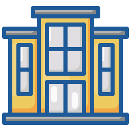 Icon of a yellow building with blue roof and large central windows.