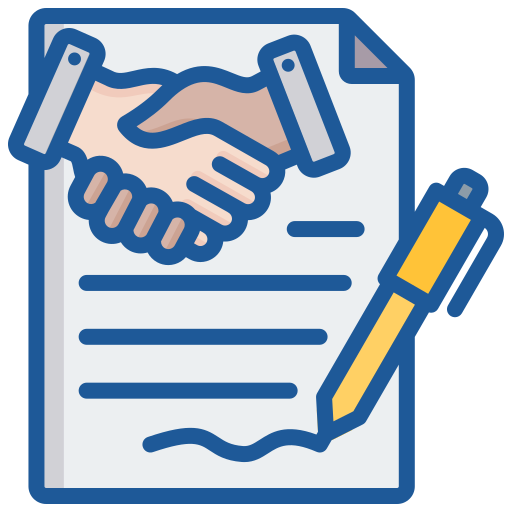 Illustration of a contract with a handshake symbol and a pen signing at the bottom.