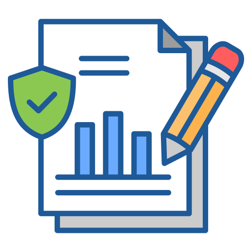 Icon of a document with a bar chart, a green shield with a checkmark, and a pencil.