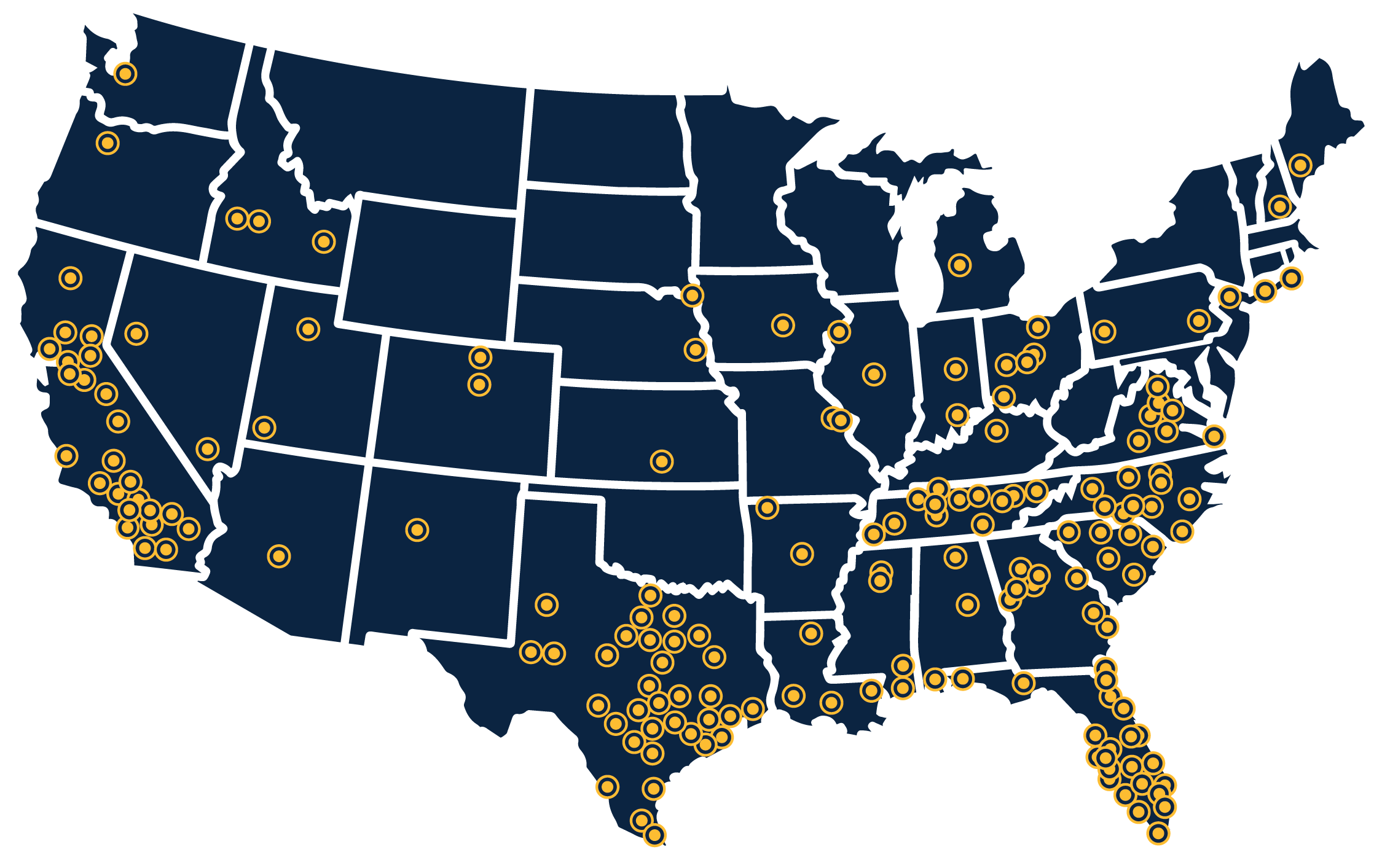 Map of the United States with numerous orange circles marking franchise locations concentrated in California, Texas, Florida, and the eastern U.S.