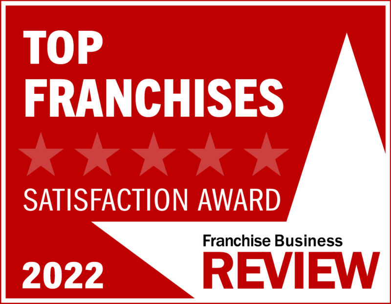 2022 Top Franchises Satisfaction Award badge from Franchise Business Review with five stars.