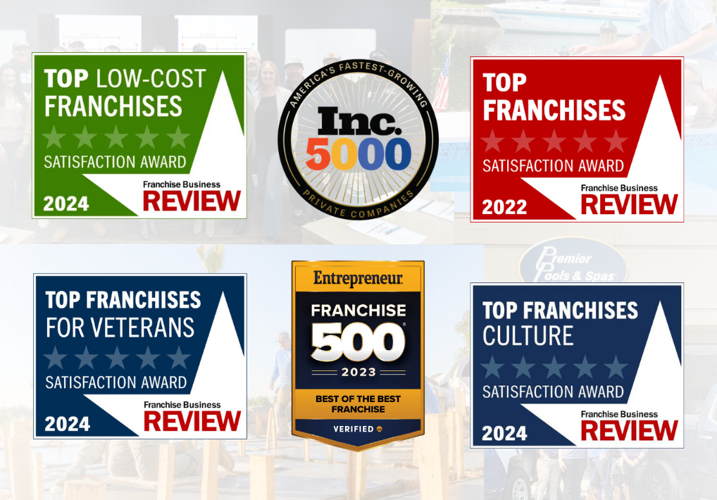 Collage of franchise awards including 2024 Top Low-Cost Franchises, 2022 Top Franchises, 2024 Top Franchises for Veterans, 2024 Top Franchises Culture from Franchise Business Review, 2023 Entrepreneur Franchise 500 Best of the Best, and the Inc. 5000 fastest-growing private companies seal.