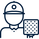 Icon of a worker wearing a hard hat holding a grid or panel.