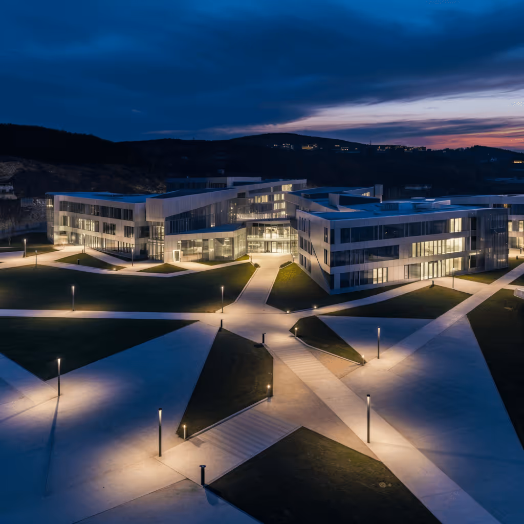 An aerial view of a building at night.