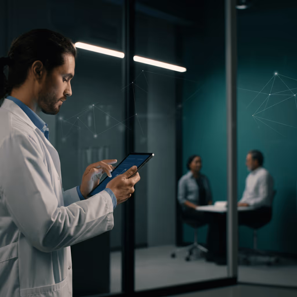 A man in a lab coat looking at a tablet.